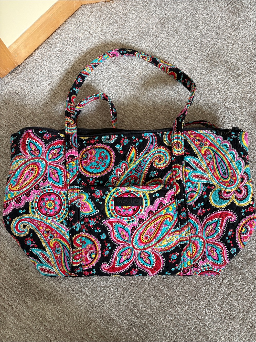 Vera Bradley Quilted Paisley Tote in Black with Pink & Turquoise